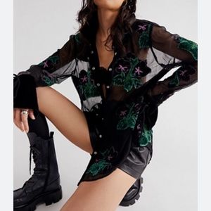 Free People Garden Pansy velvet sheer mesh Button Down Shirt